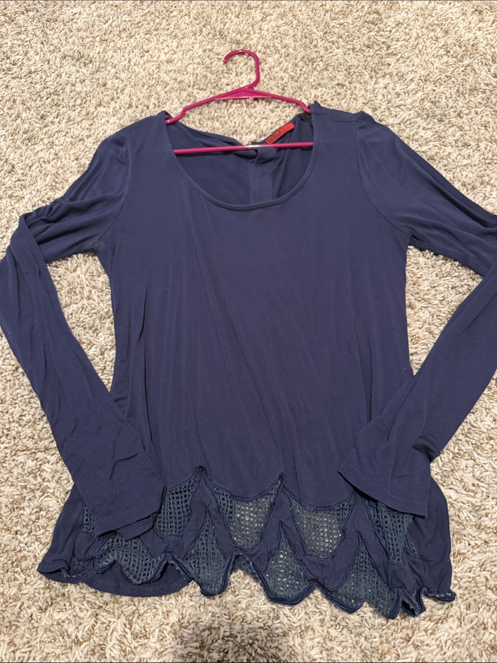 Scoop Neck Navy Long-Sleeve Top with Crochet Hem
